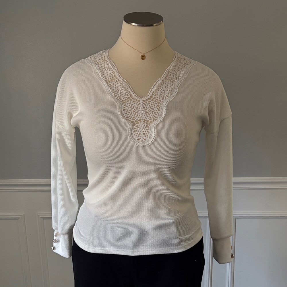 Lace Trim V-Neck Ribbed Knit Sweater with Gold Button Cuffs